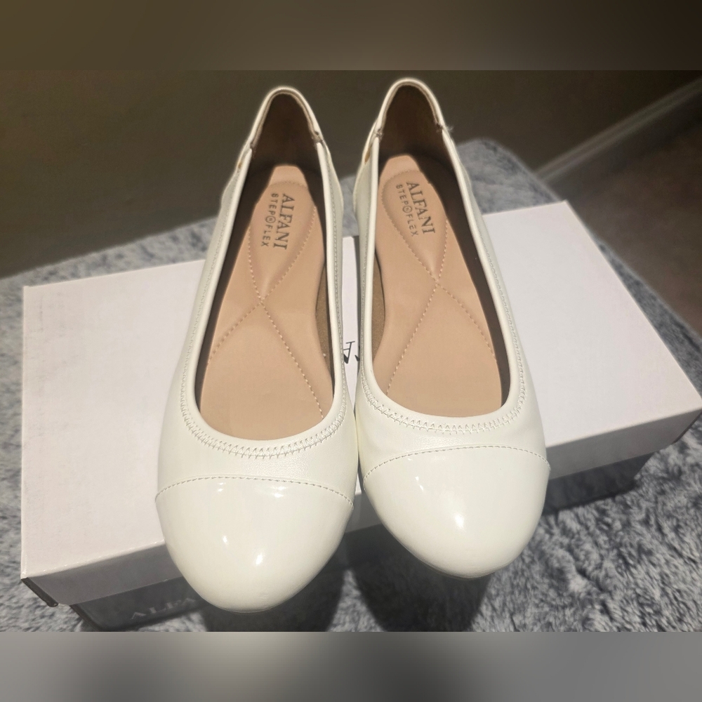 Alfani White Patent Ballet Flats — Round-Toe Slip-Ons